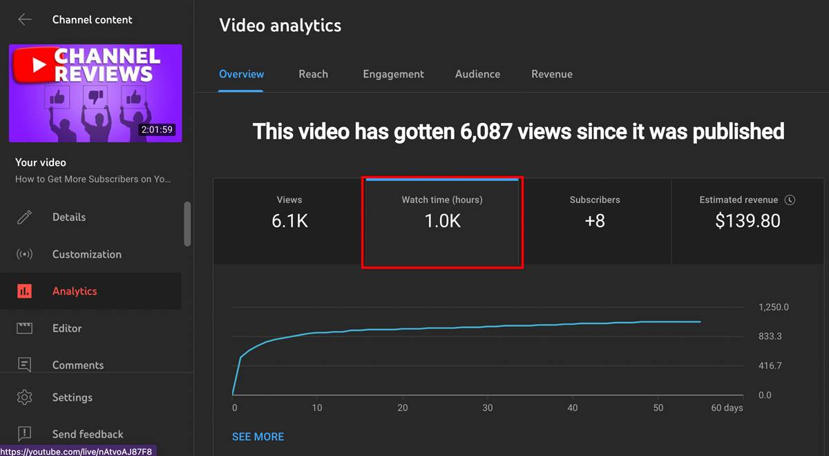 YouTube analytics showing substantial watch hours gained from a single live stream