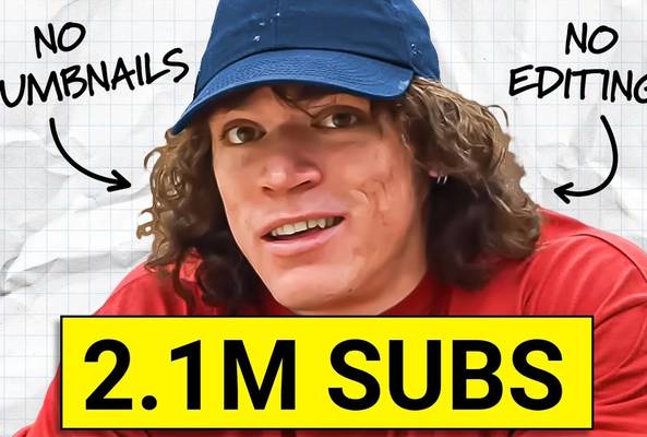 Young man in blue hat with text highlighting 2.1M subs, no thumbnails, no editing.