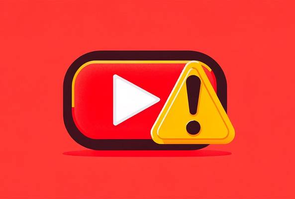Red play button with yellow warning triangle symbolizing video error or caution alert.