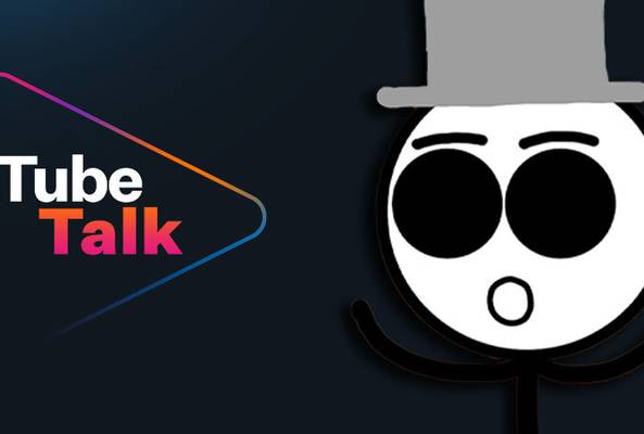 Tube Talk logo with colorful play button and a cartoon figure wearing a gray top hat
