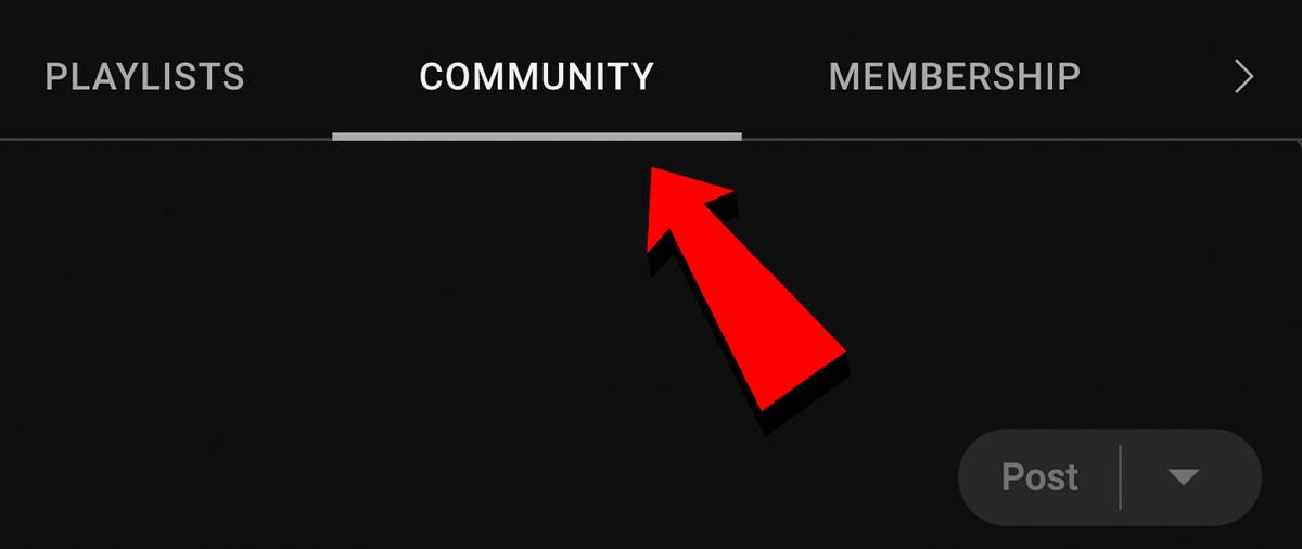 A red arrow pointing the commuhe co,mnity tab on a youtube creator's homepage