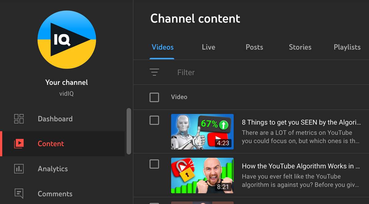 Content menu option in the youtube studio