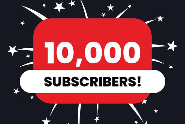 10,000 subscribers milestone celebration graphic with stars on dark background