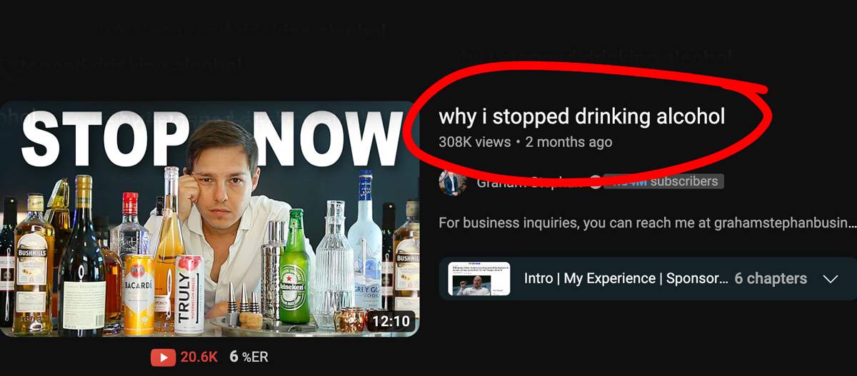 Finance youtuber graham stephen uses video title, "why I stopped drinking alcohol."
