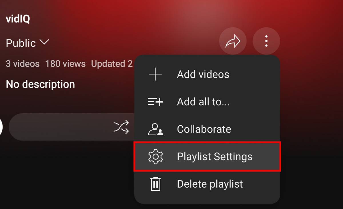 Accessing playlist settings through the three dots menu in YouTube Studio