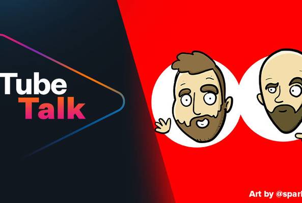 Tube Talk podcast logo with cartoon faces of two hosts on red and black background