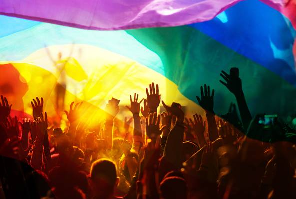 Crowd with raised hands celebrating under a vibrant rainbow flag at a lively event.