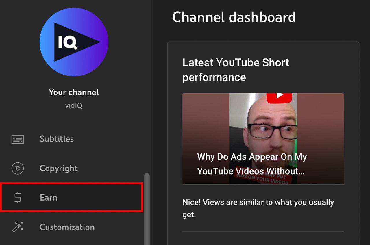 How to find the Earn option in YouTube Studio to check watch time progress