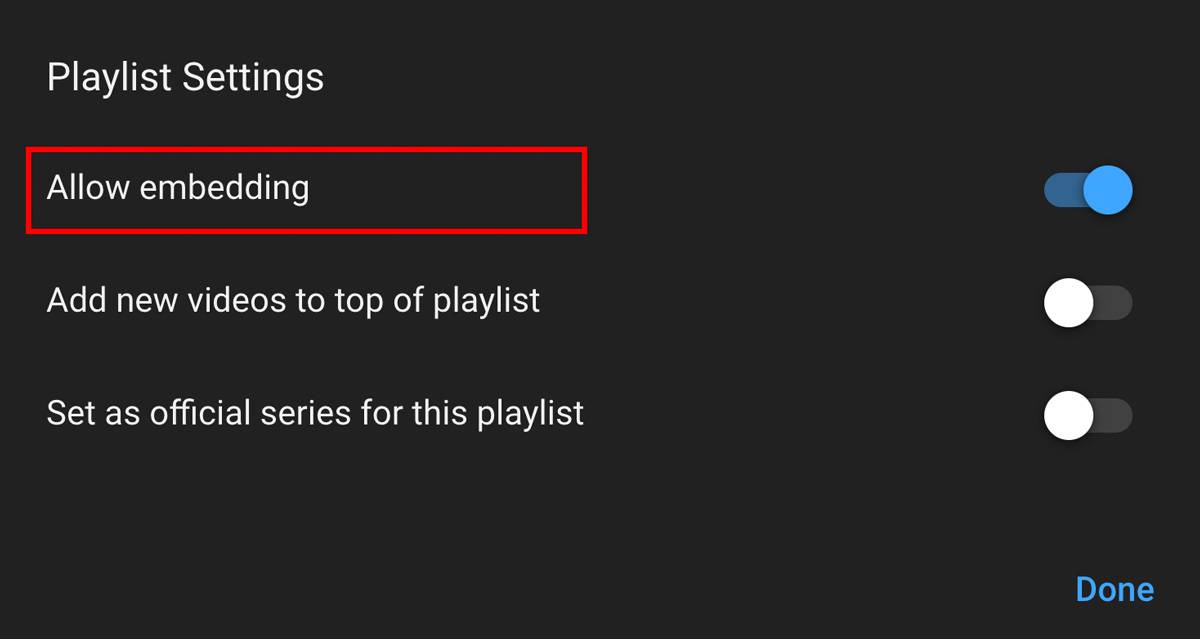 Enabling playlist embedding to allow sharing on external websites