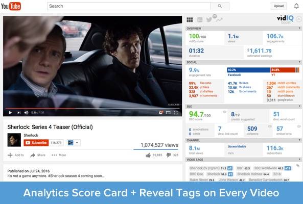 YouTube video analytics dashboard showing Sherlock Series 4 teaser with engagement data