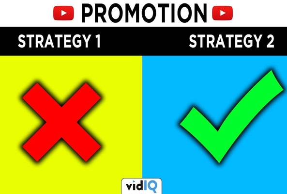 YouTube promotion comparison showing strategy 1 with red X and strategy 2 with green check mark