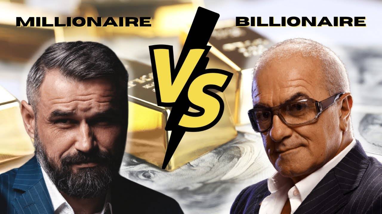 A YouTube thumbnail showing a millionaire and a billionaire surrounded by money