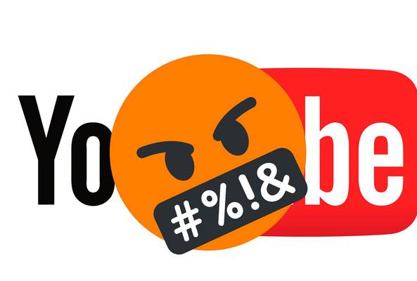 Angry emoji with censored symbol overlaid on YouTube logo representing content frustration.
