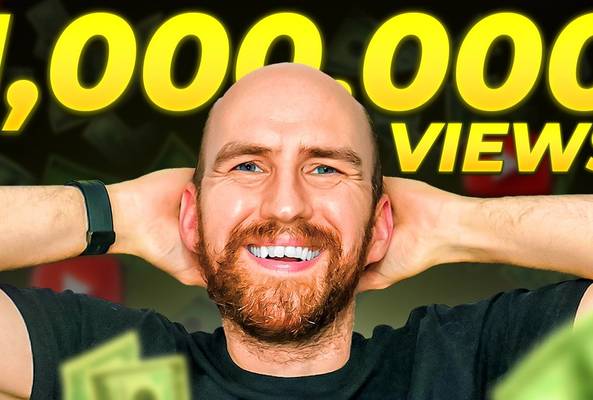 Smiling man with beard celebrating 1,000,000 views and money in the background.