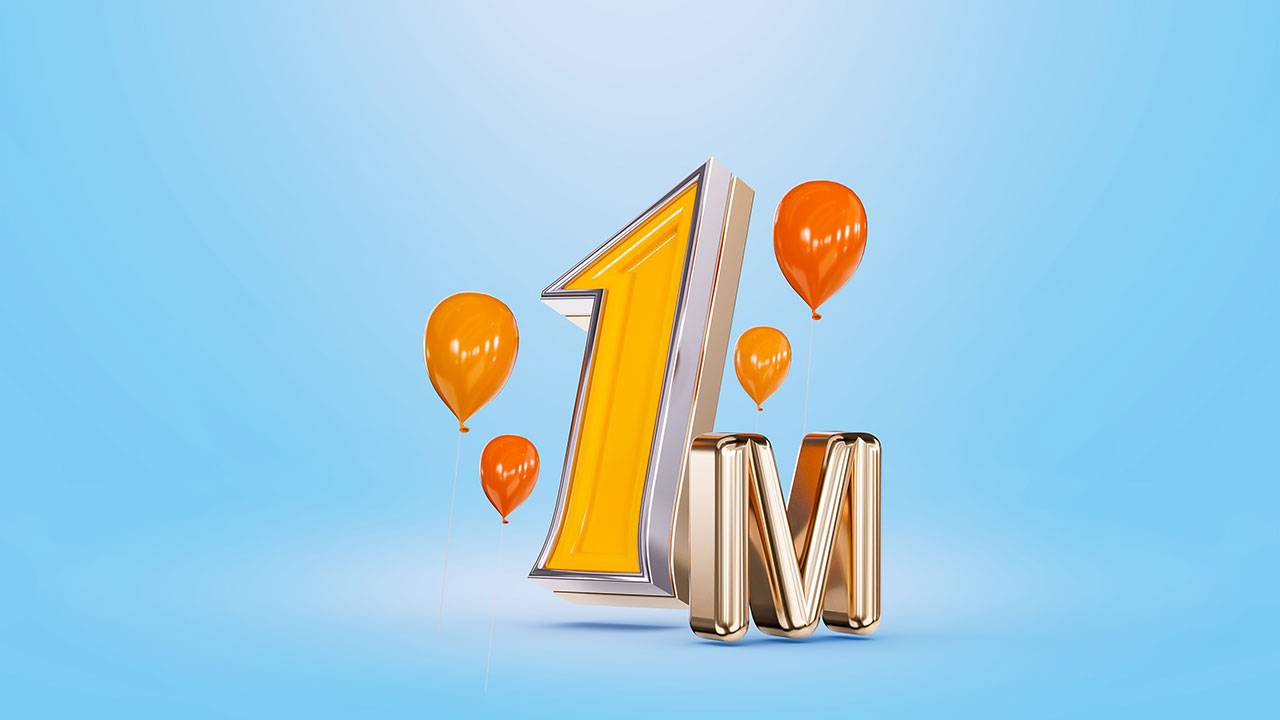 Balloons surrounding a huge number 1 and a small letter m