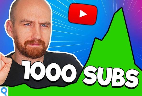 Man pointing up with YouTube logo and green growth graph showing 1000 subscribers milestone