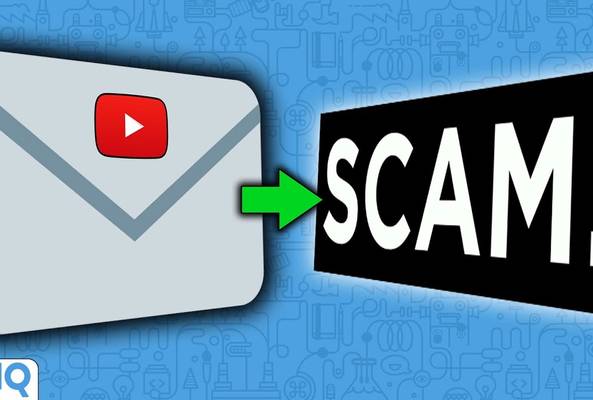 Email envelope with YouTube logo and green arrow pointing to bold SCAM text warning.