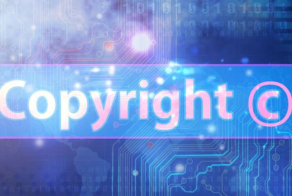 Digital copyright concept with glowing text and circuit board background design.