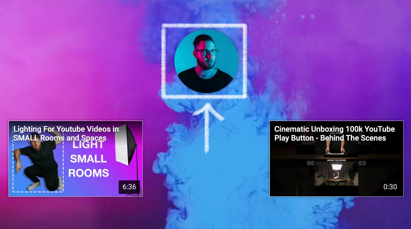 YouTuber portrait with video thumbnails on lighting and cinematic unboxing background