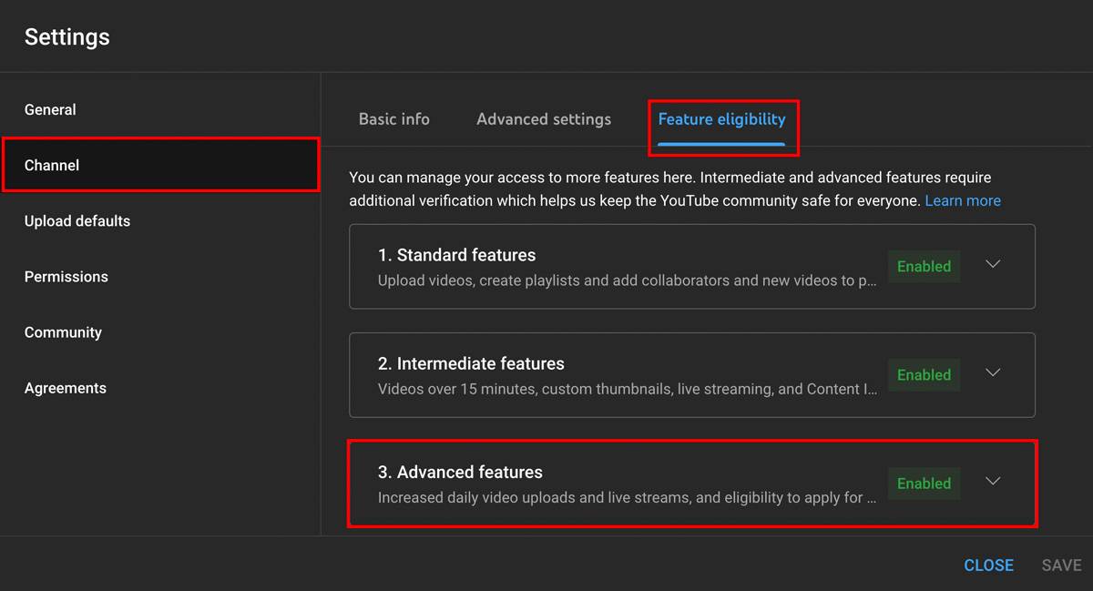 Alt Text: YouTube's feature eligibility page showing how to enable advanced features for community tab access