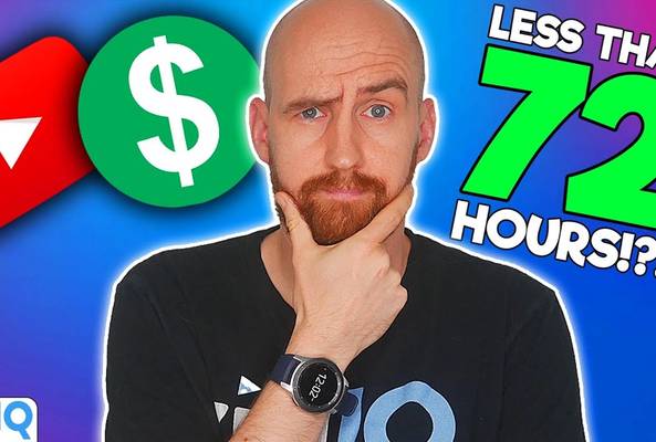 Man pondering YouTube monetization process with text "Less than 72 hours" countdown timer.