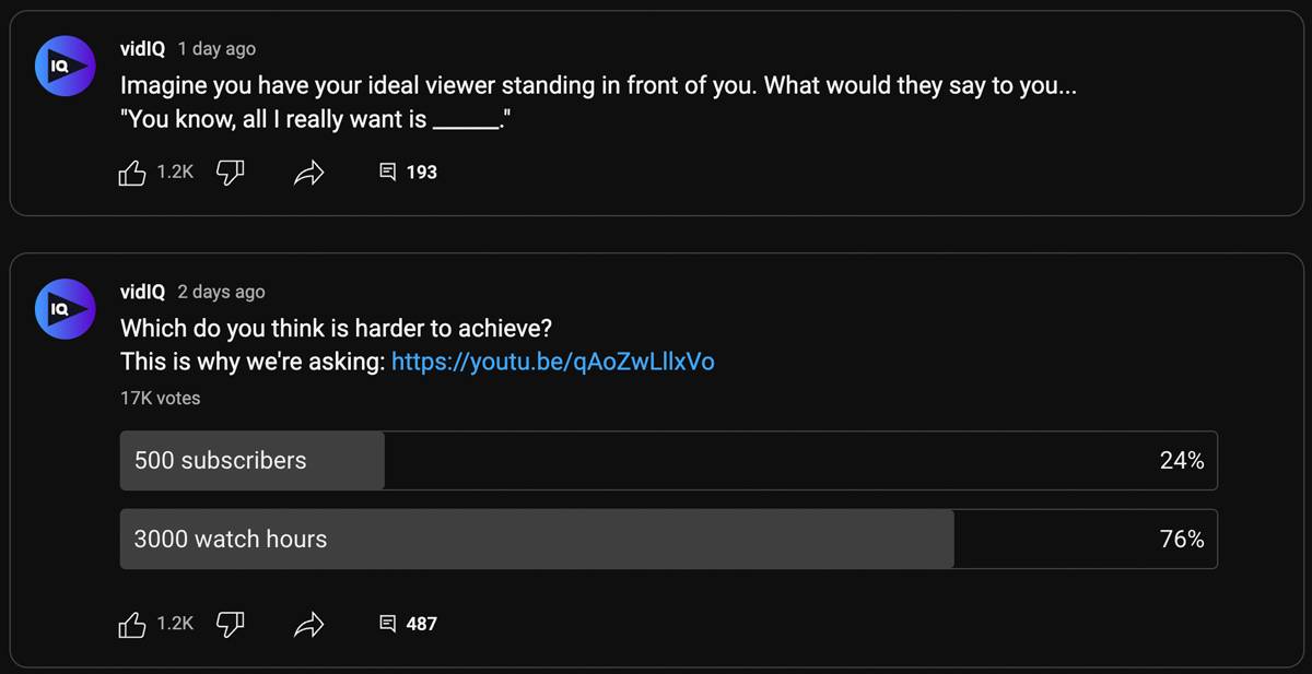 Various types of YouTube Community Tab posts including polls, quizzes and text updates