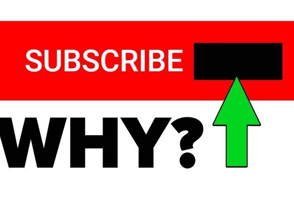 Red subscribe button with a green arrow pointing and bold text asking "WHY?" in black.