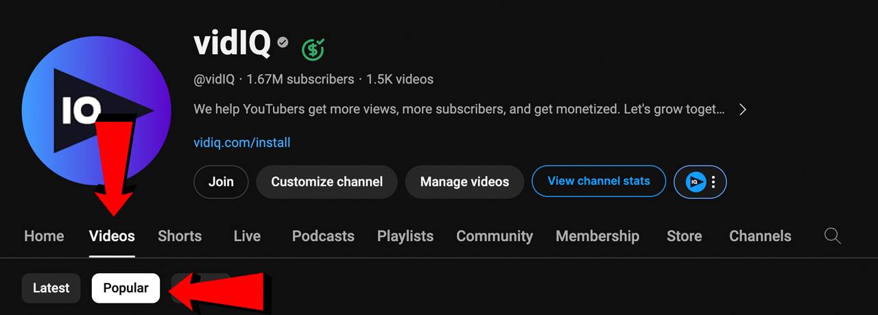 The videos tab on a youtube channel, with popular videos selected