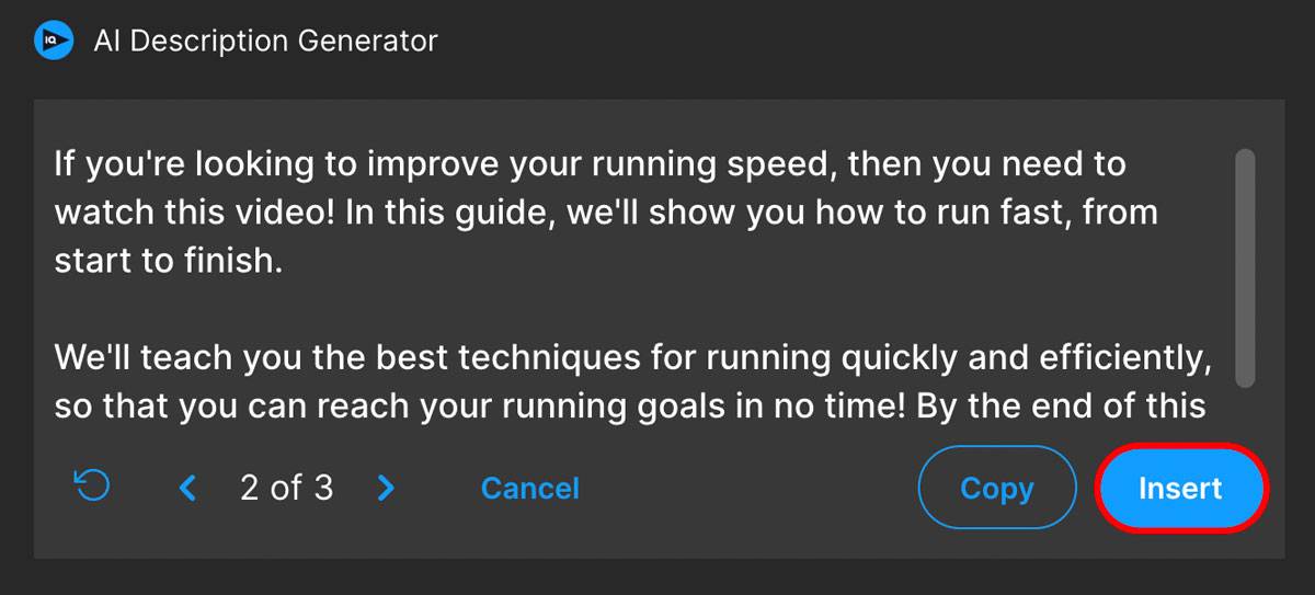Screenshot of AI Description Generator showing a running speed improvement video description.