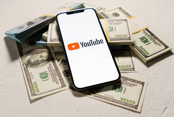 Smartphone with YouTube logo on screen placed on scattered US hundred dollar bills.