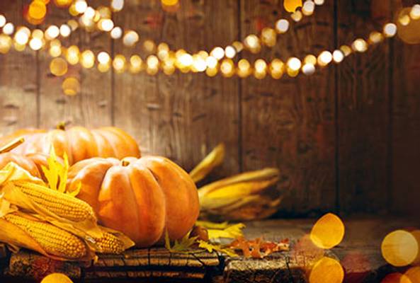 Decorative pumpkins, corn, and autumn leaves with warm string lights background