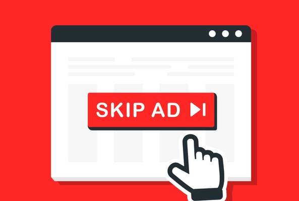Browser window with red "Skip Ad" button and cursor hand icon clicking it