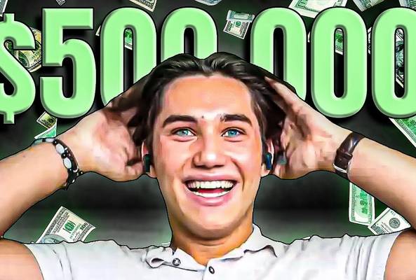 Happy young man with $500,000 text and flying cash illustrating big financial success