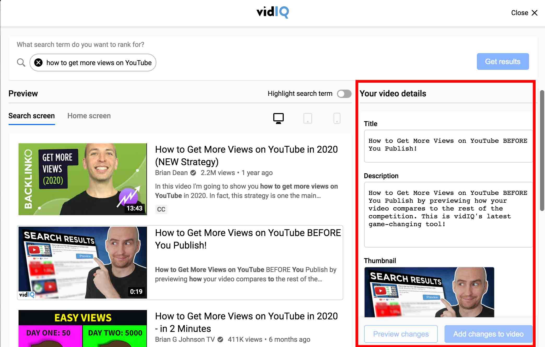 vidIQ thumbnail preview tool showing competitor thumbnails for comparison