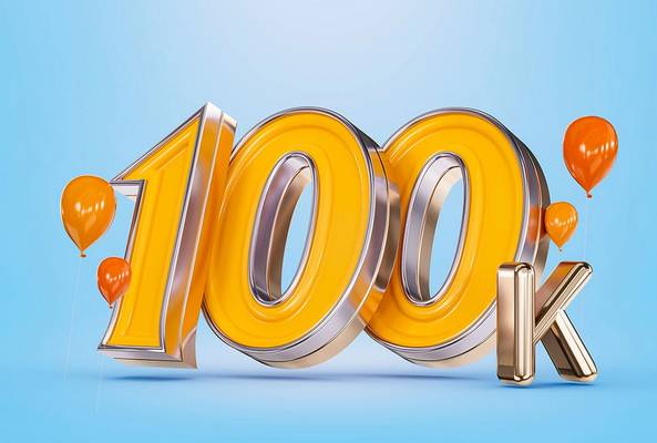 3D golden 100k text with orange balloons on blue background celebrating milestone.