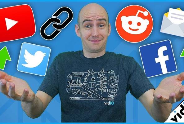 Man with social media icons for YouTube, Twitter, Facebook, Reddit, and email on blue background