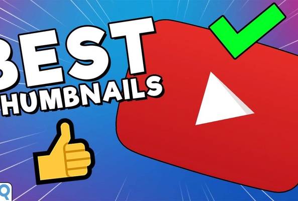 YouTube best thumbnails concept with play button, thumbs up, and green checkmark icon