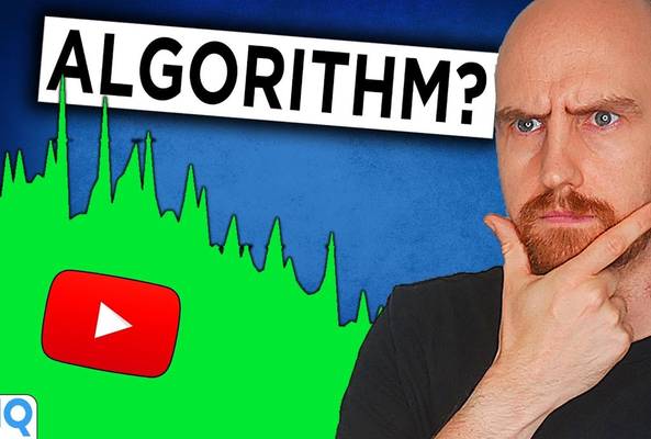 Man pondering YouTube algorithm with fluctuating green graph and vidIQ logo background