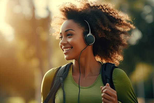 Young woman with curly hair wearing headphones and a backpack, smiling outdoors in sunlight
