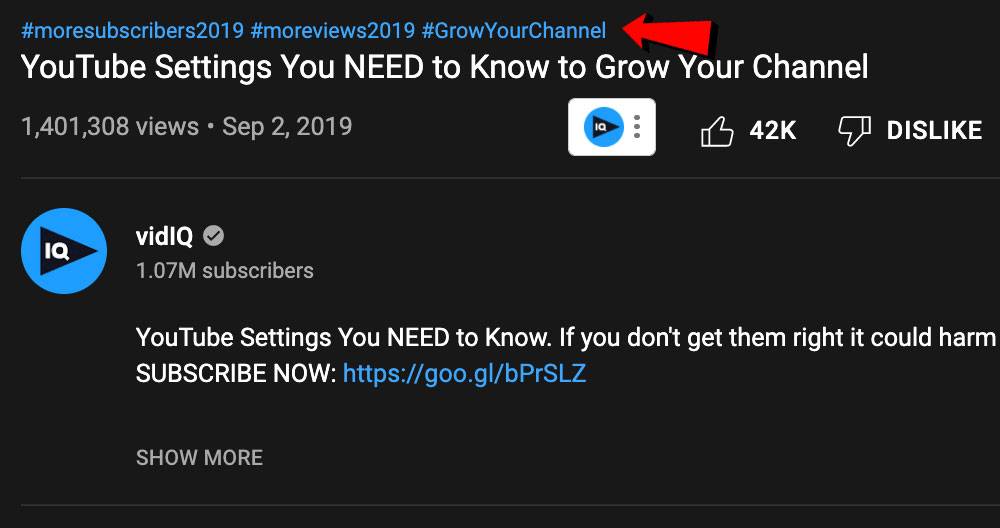YouTube hashtags that appear above a video