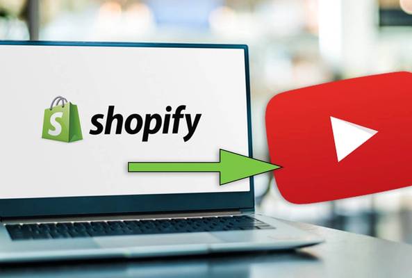 Laptop screen showing Shopify logo with an arrow pointing to YouTube play button icon