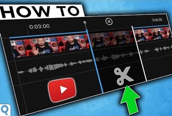 Video editing interface with cut tool icon highlighting trimming a clip on timeline.