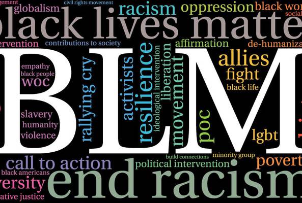 Black Lives Matter word cloud highlighting racism, activism, resilience, and social justice terms.