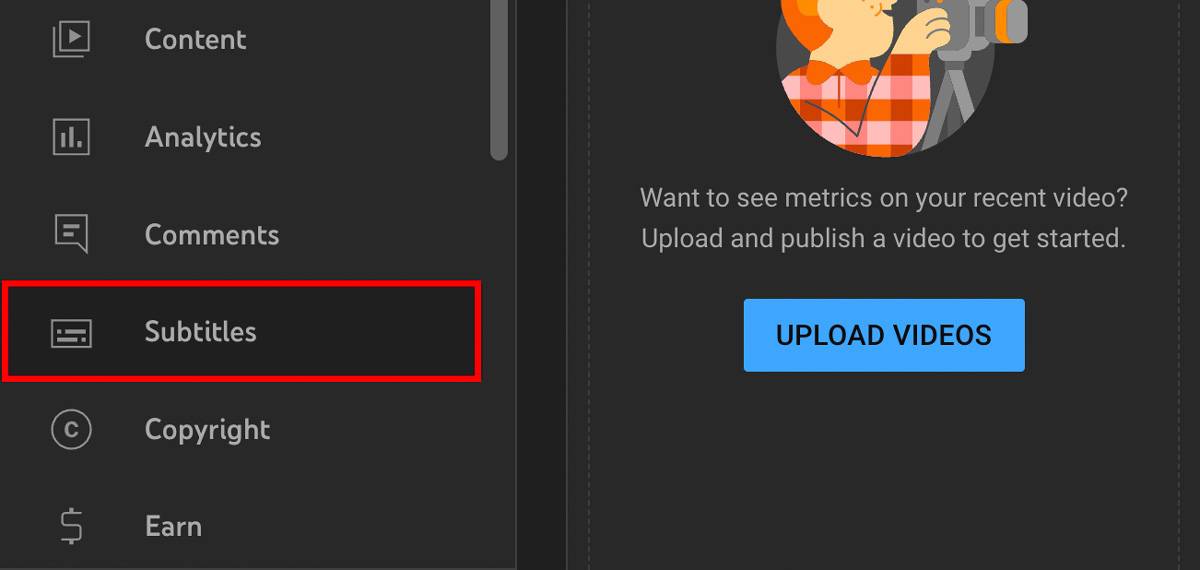 The subtitles option is on the left navigation bar of the studio