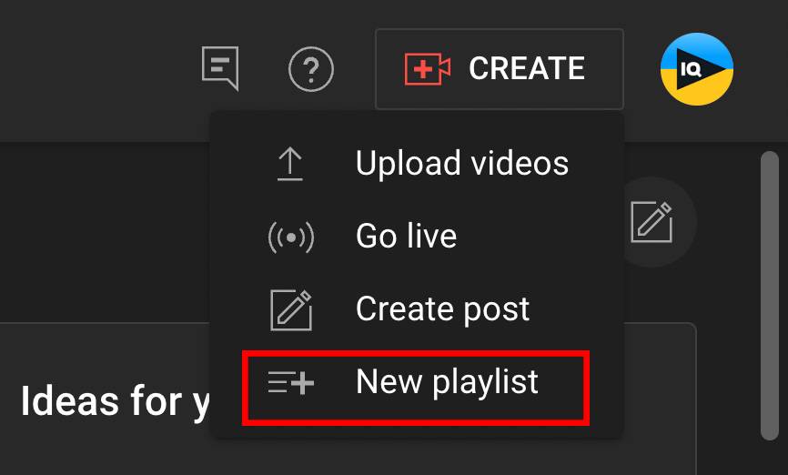 Selecting New Playlist option from YouTube Studio dropdown menu