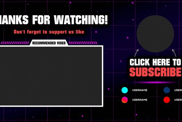 Youtube end screen template with subscribe prompt, recommended video box, and usernames.