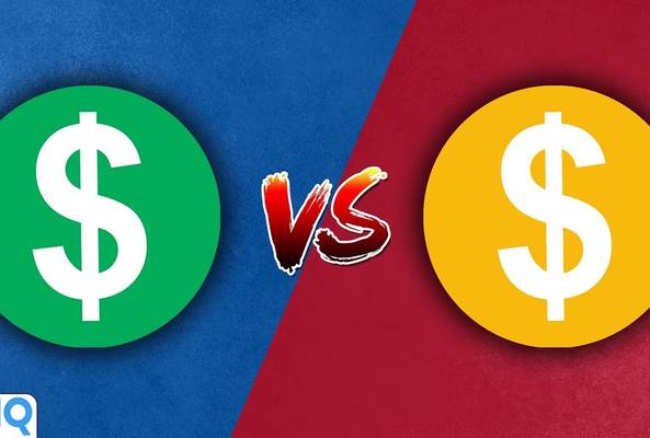 Green dollar sign versus yellow dollar sign on blue and red background for money comparison
