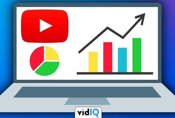 Laptop screen showing YouTube logo, pie chart, and bar graph with growth arrow.