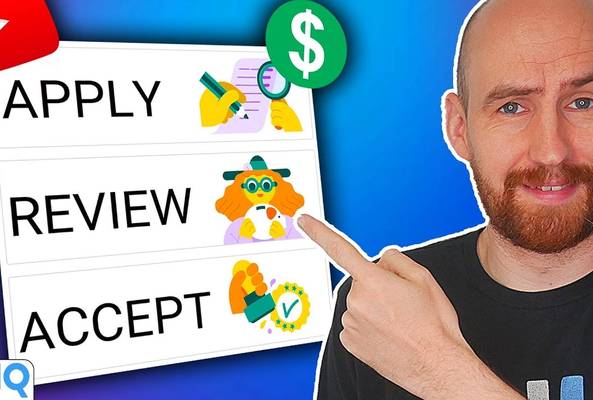 YouTube monetization steps apply, review, and accept with a man pointing at the list