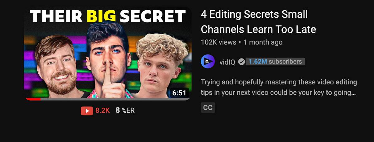 A YouTube video in search, including the thumbnail, title, and description
